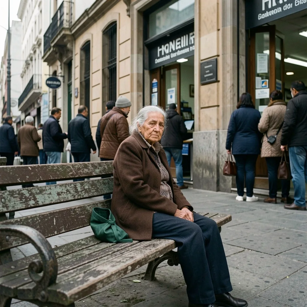 Adulta mayor esperando sentada frente a un banco
