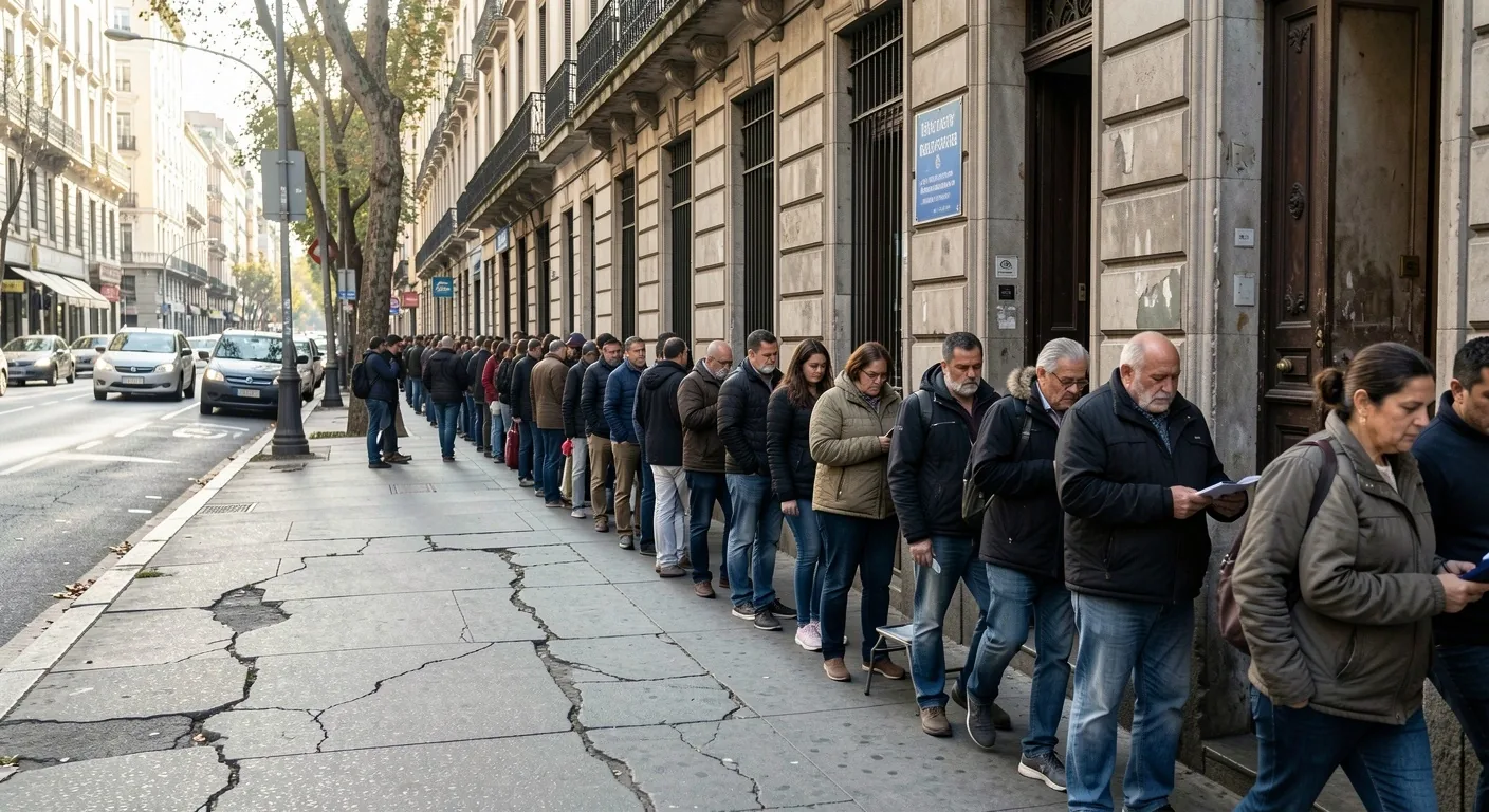 Fila de personas esperando frente a un banco tradicional en Buenos Aires