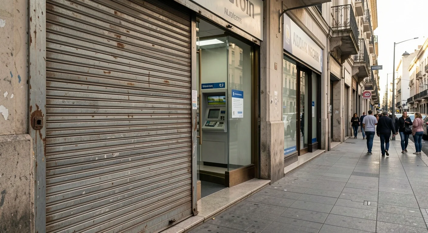 Local bancario cerrado con persiana baja en una calle argentina