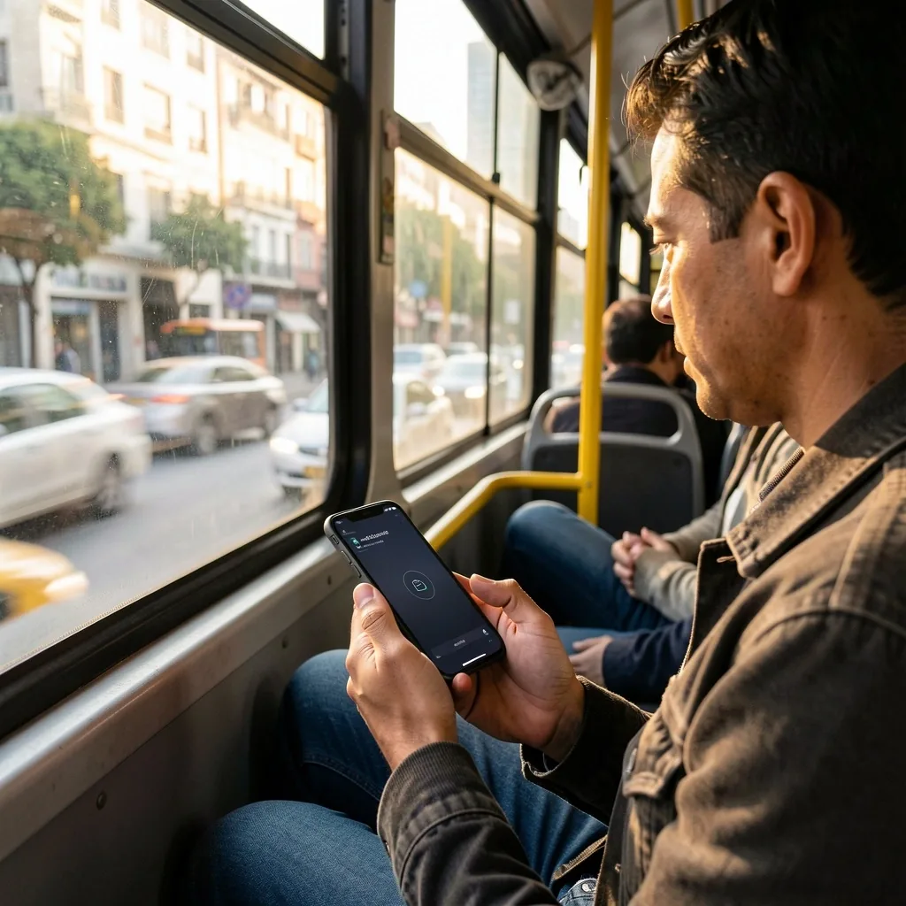 Persona usando una app bancaria en el colectivo