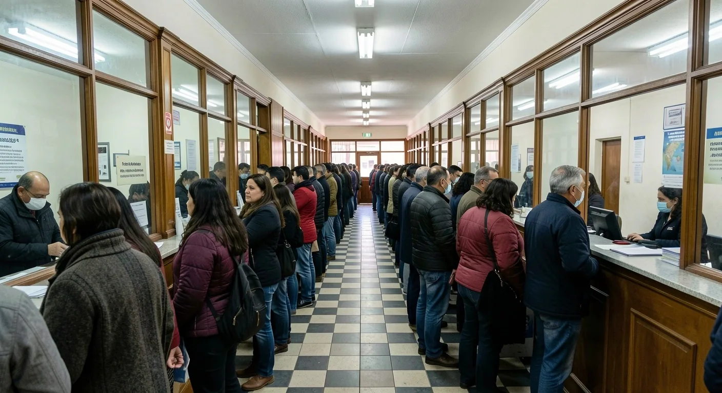 Fila de clientes esperando en una sucursal bancaria tradicional