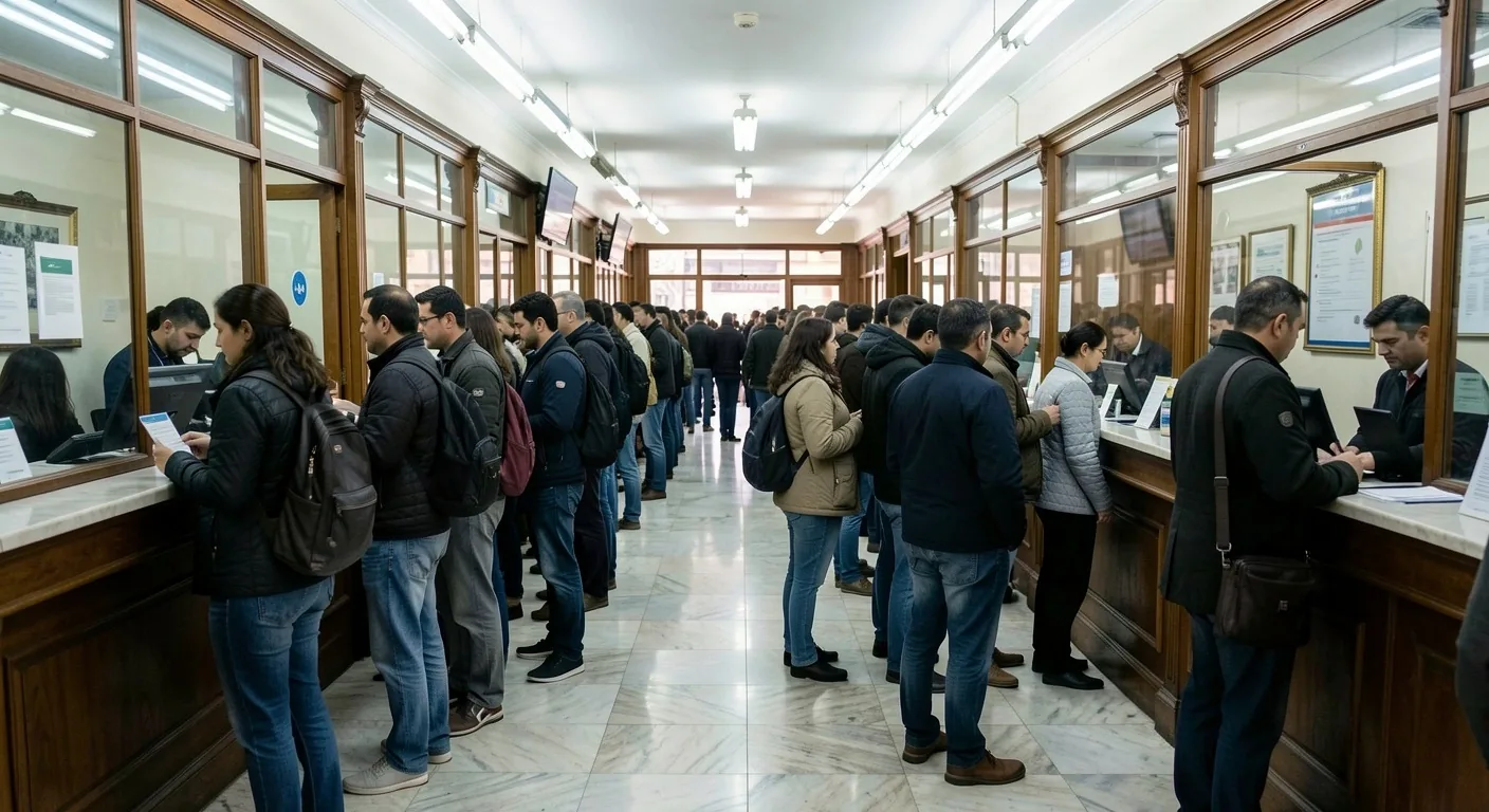Fila de personas esperando en una sucursal bancaria tradicional en Buenos Aires