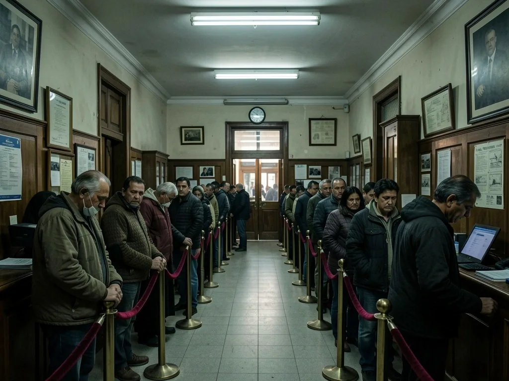 Fila de personas esperando en un banco tradicional