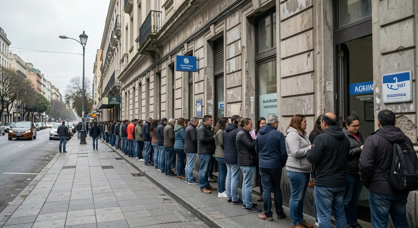Fila de personas esperando frente a una sucursal bancaria tradicional en Buenos Aires