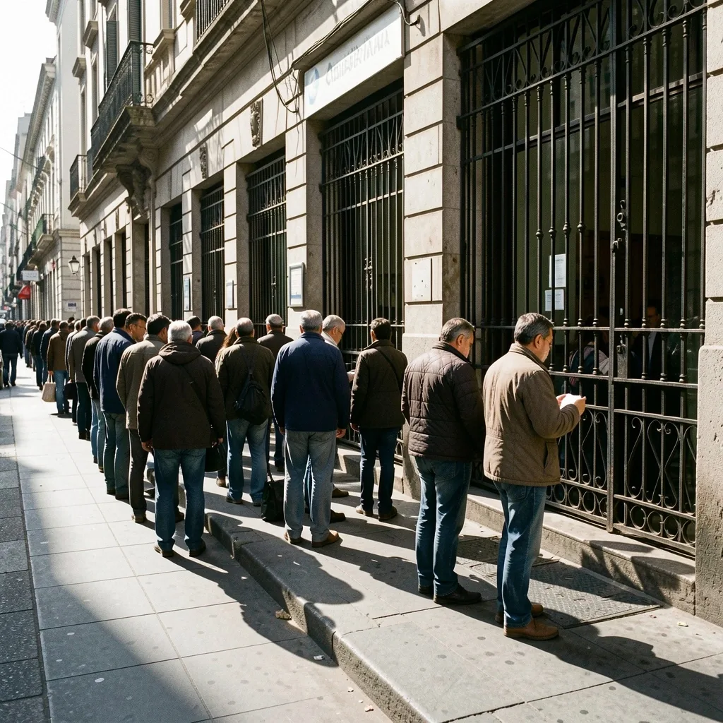 Personas haciendo fila en la calle frente a un banco cerrado en Buenos Aires