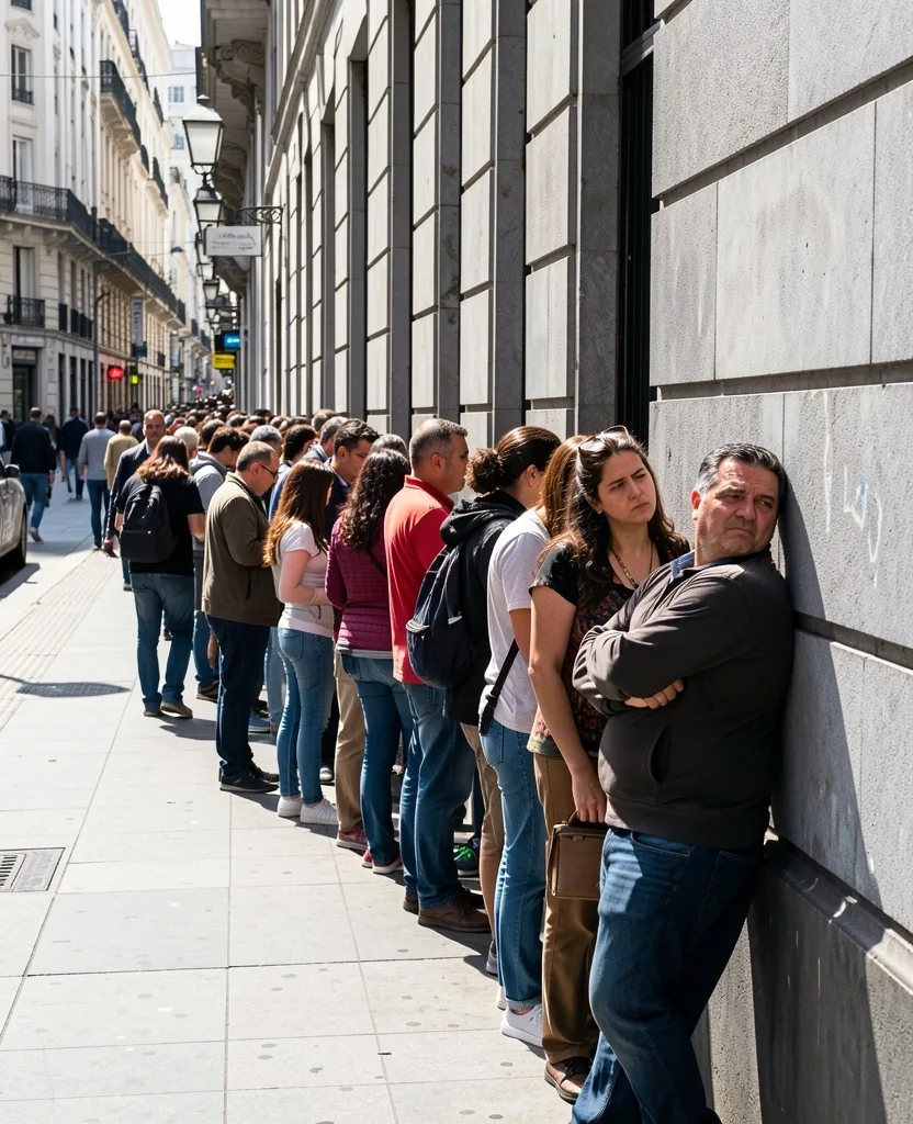 Fila de personas esperando frente a una sucursal bancaria tradicional en Buenos Aires