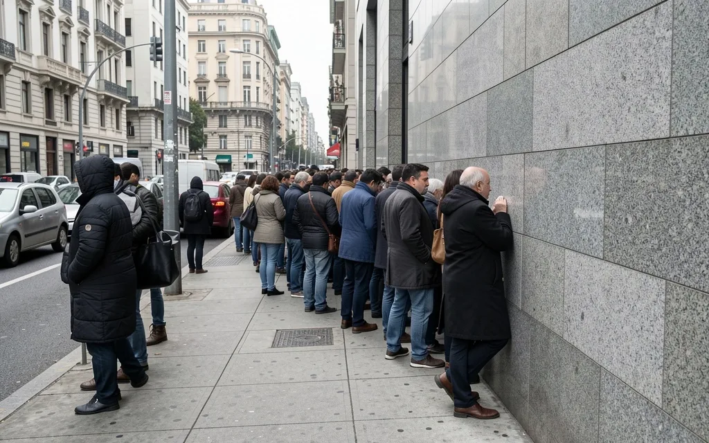 Personas haciendo fila en la vereda de un banco tradicional en Argentina