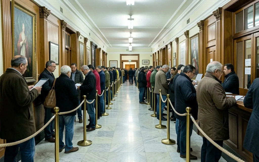 Fila de clientes esperando en una sucursal bancaria tradicional en Buenos Aires