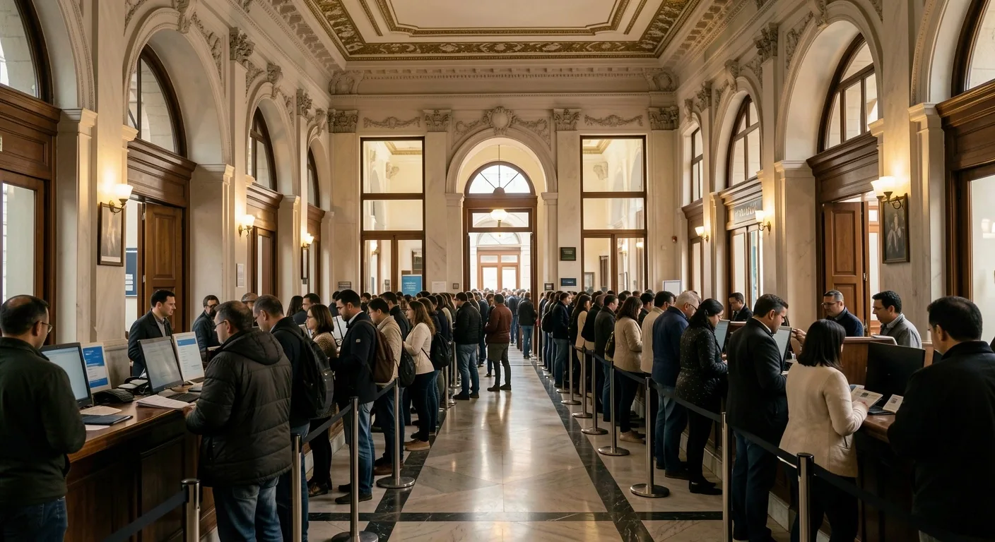Fila de clientes esperando en una sucursal bancaria tradicional