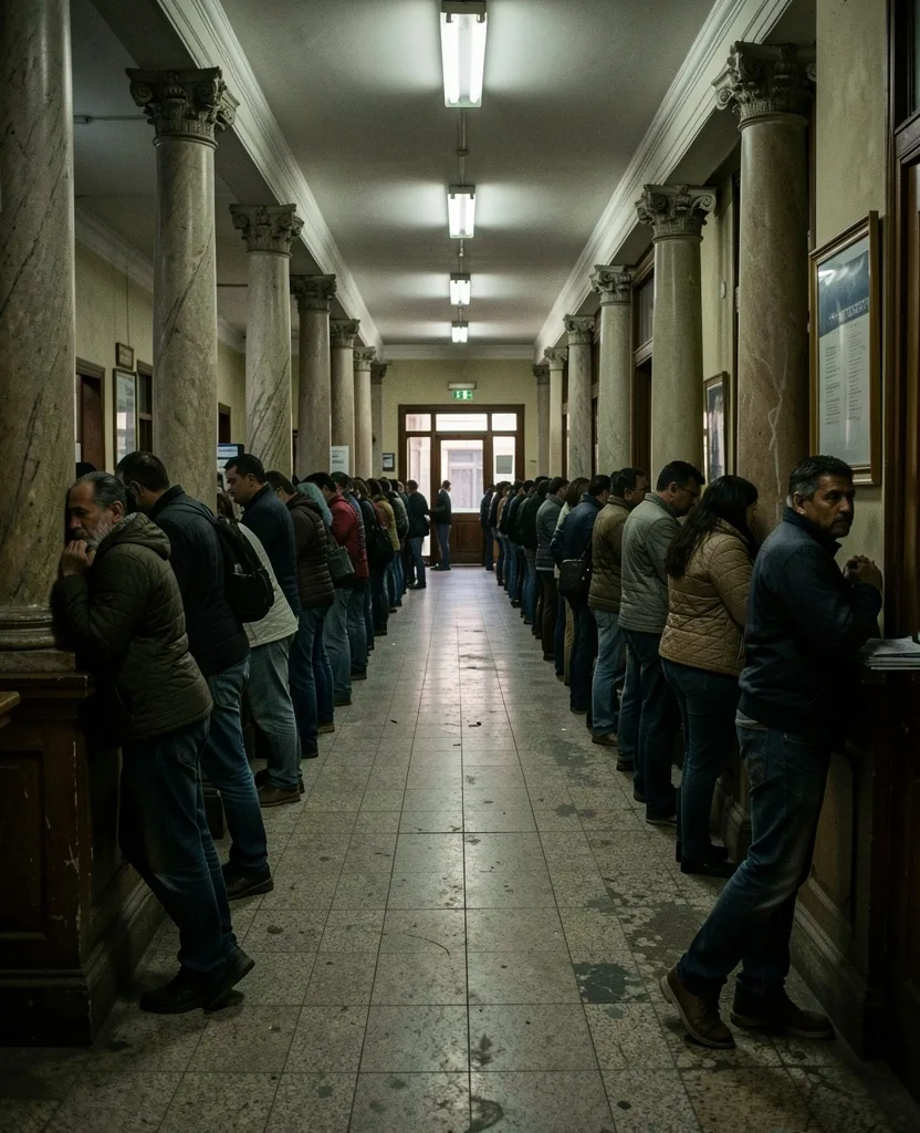 Fila de personas esperando en un banco tradicional en Buenos Aires