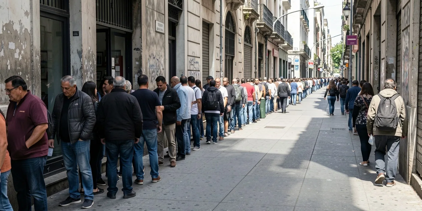 Fila de personas esperando frente a una sucursal bancaria tradicional en Buenos Aires