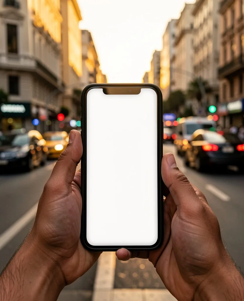 Persona usando una aplicación de neobanco en su teléfono en la calle