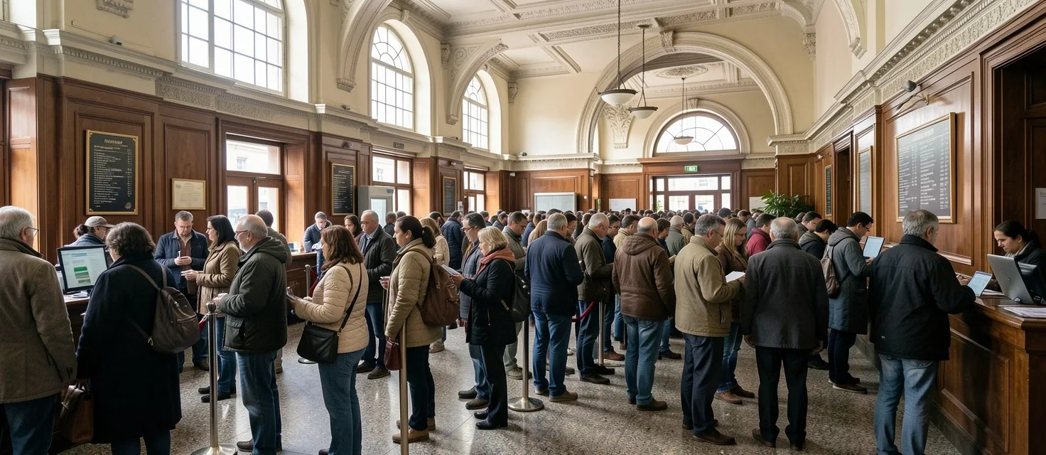 Fila extensa en sucursal bancaria tradicional
